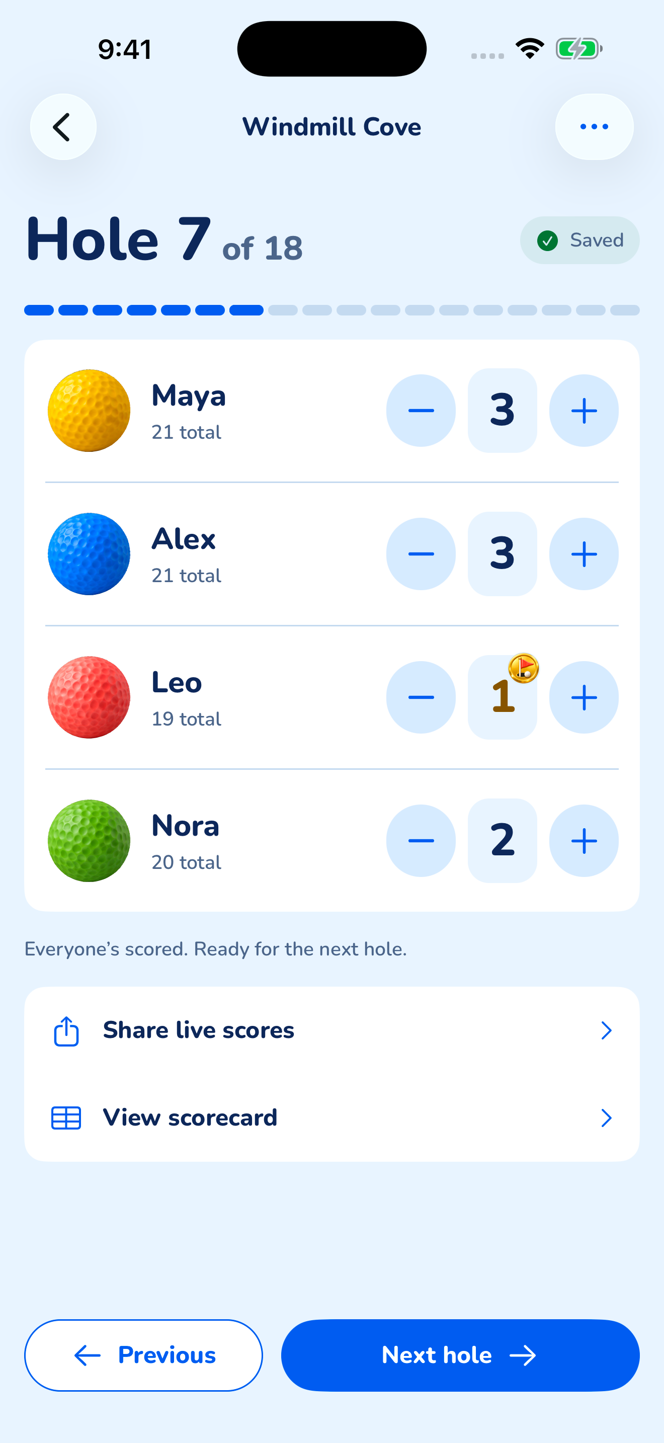 Mini Golf score screen: four players on hole seven, with plus and minus buttons beside each score.
